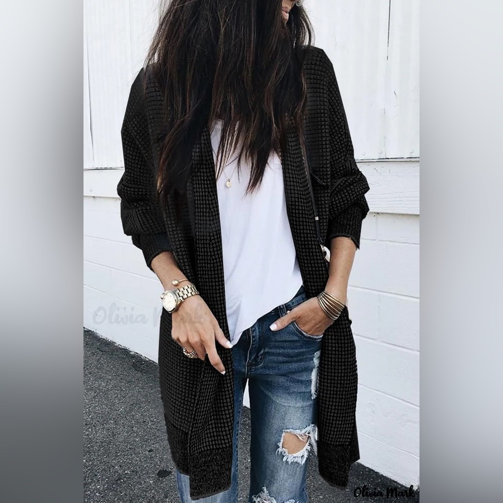 New - Long open cardigan in black checked knit ✨(BACK IN STOCK)